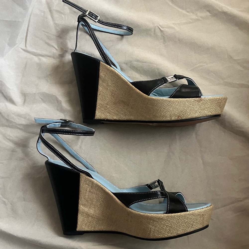 Lambertson Truex Black and Tan Wedge Sandals